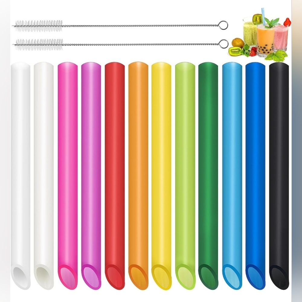 12 Reusable Boba Straws‎ with 2 Brush Cleaners Hard Plastic Multicolor